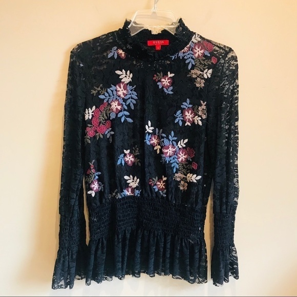 Guess Jovana Embroidered Lace Top Black Small - Picture 3 of 8